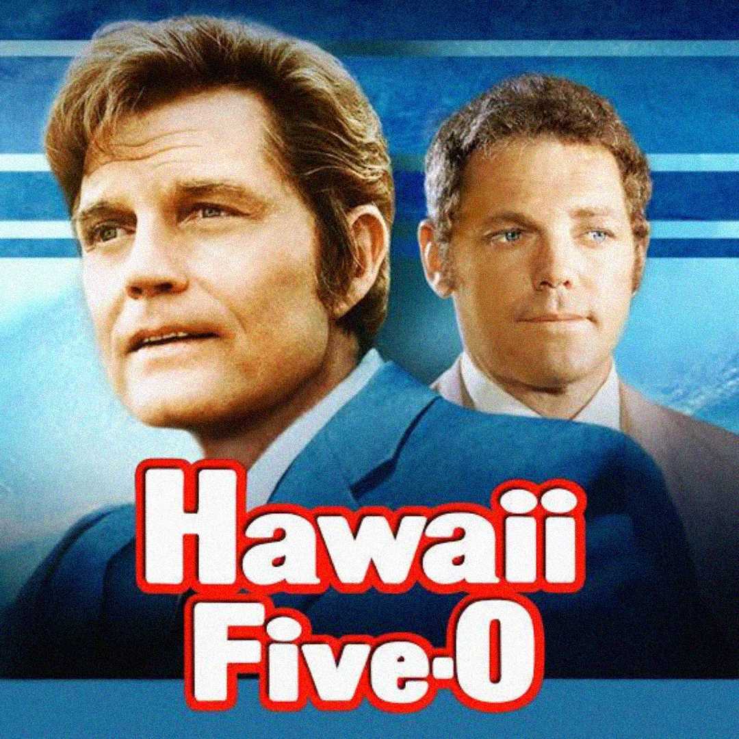 Two men in suits are shown against a blue background with "Hawaii Five-O" written in bold red and white text below them. The image appears to be a promotional poster for the TV show Hawaii Five-O.