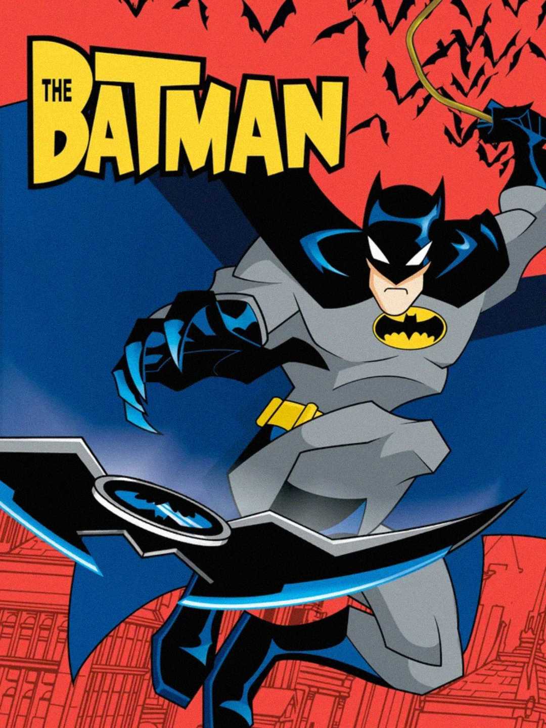 Animated Batman in gray and blue suit throws a Batarang, with a yellow belt and a cape flying behind him. The background is red with black bats and “The Batman” written at the top in bold yellow letters.