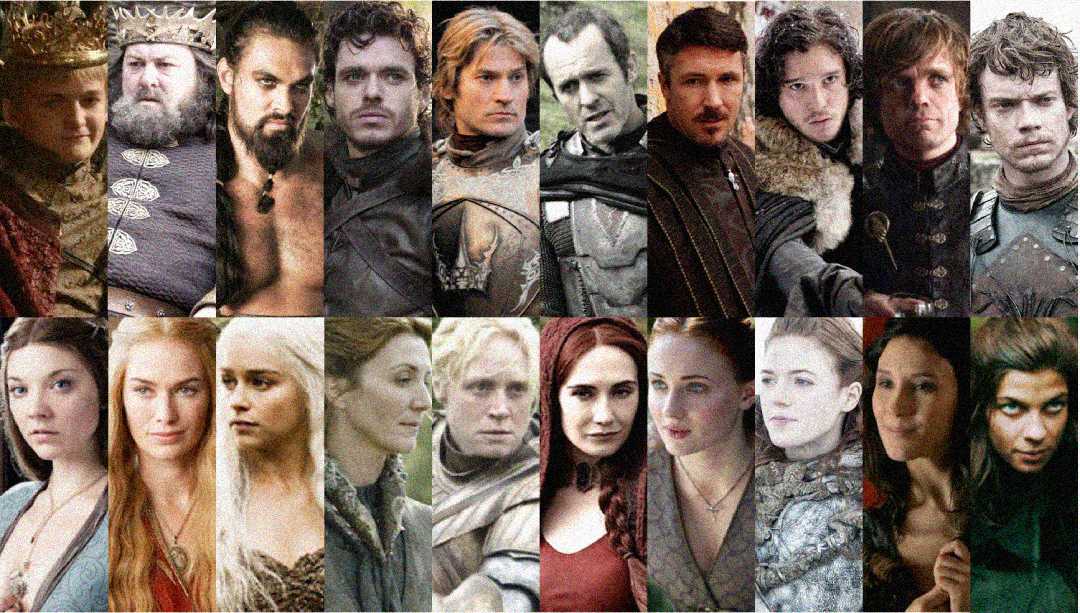 A collage of sixteen characters from the TV show "Game of Thrones," including men and women in medieval costumes, arranged in two rows against a neutral background.