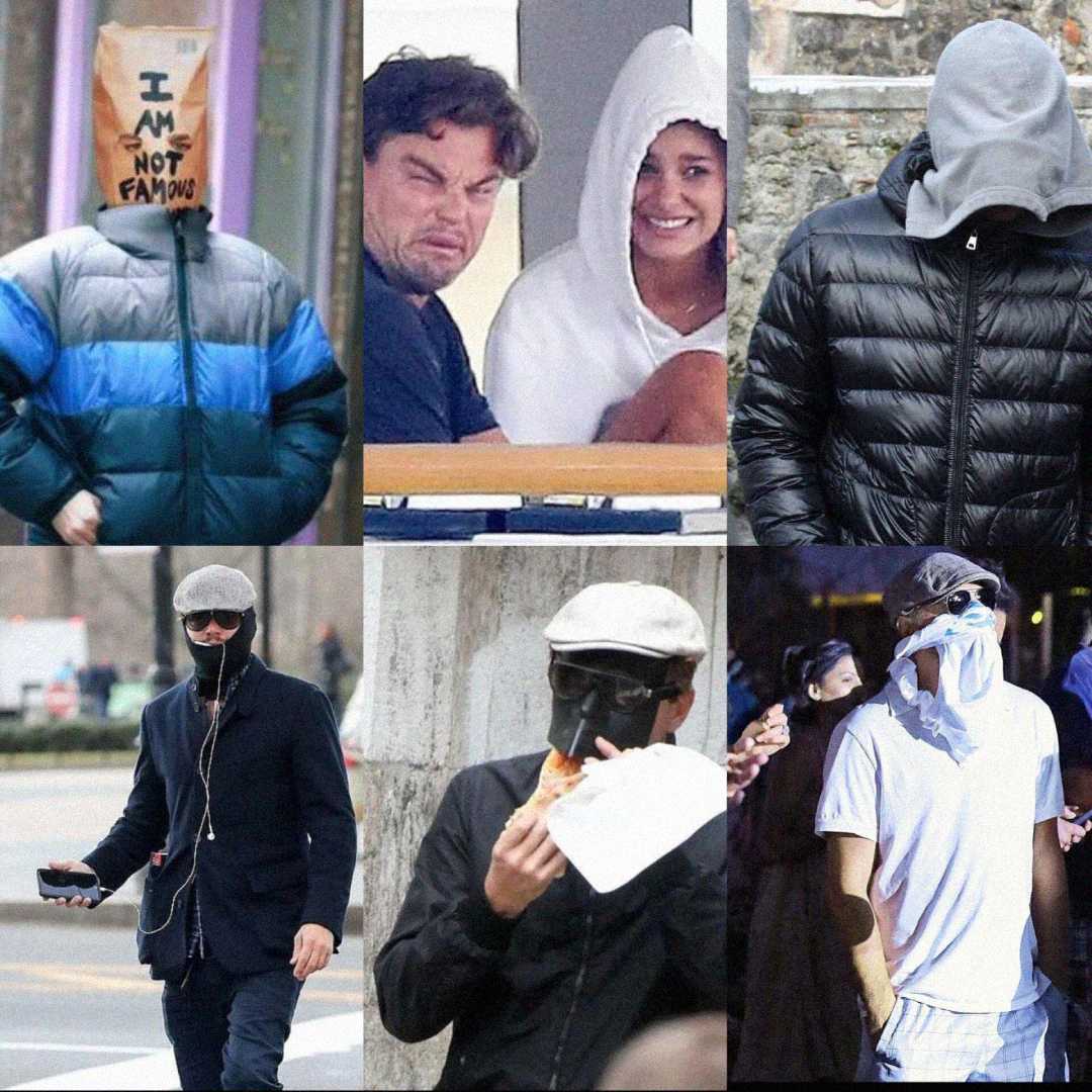 A collage of six photos shows a person creatively disguising their face with items like a paper bag, hoodie, cap, scarf, mask, and sunglasses in various outdoor and casual settings.