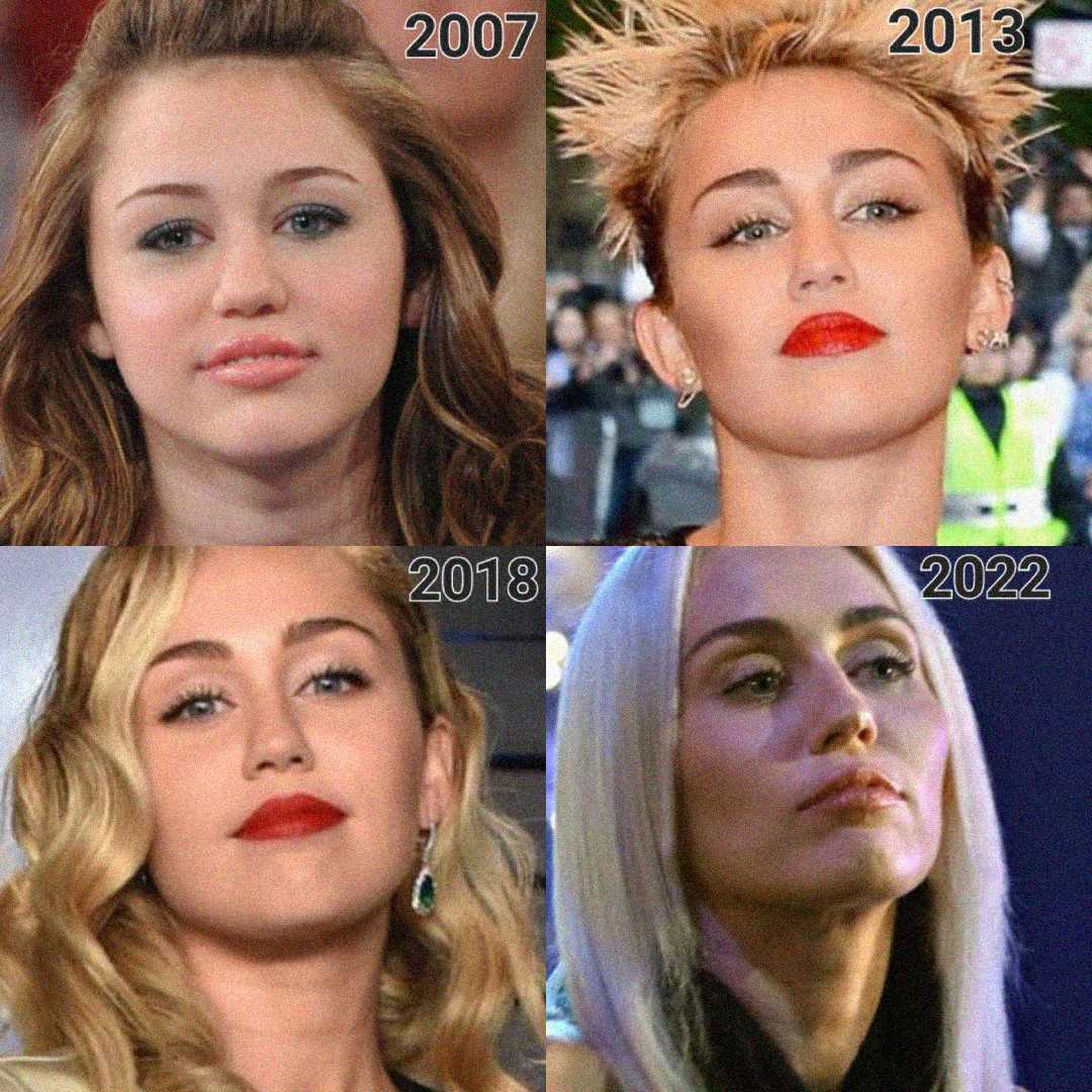 A collage of four photos showing a woman in 2007, 2013, 2018, and 2022. Her hairstyle and makeup change in each image, reflecting different looks over the years.