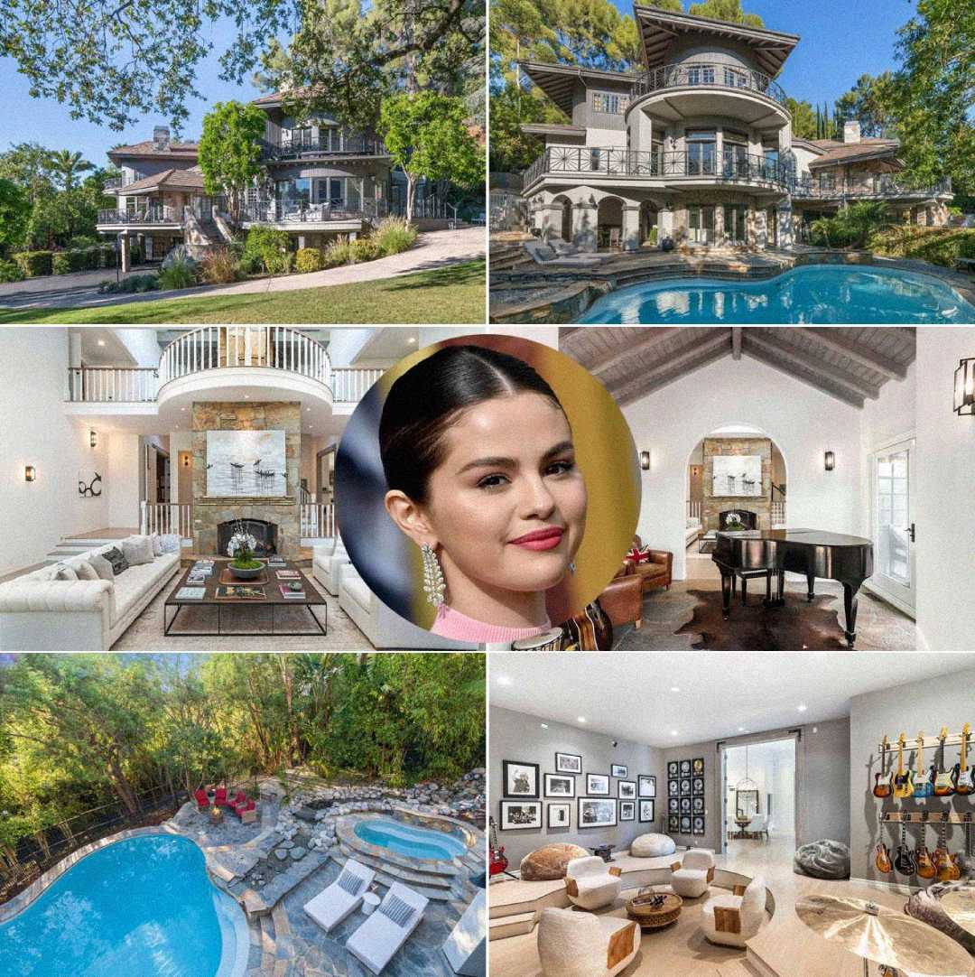 A collage shows a large luxury house with a pool, elegant interior rooms with modern decor, a wall of guitars, and a circular inset of a woman with dark hair and red lipstick, possibly the homeowner.