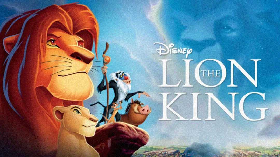 Illustrated movie poster for Disney’s The Lion King featuring a lion, a meerkat, a warthog, a mandrill, and a lioness in the foreground, with a large lion’s face in the sky and the title text beside them.