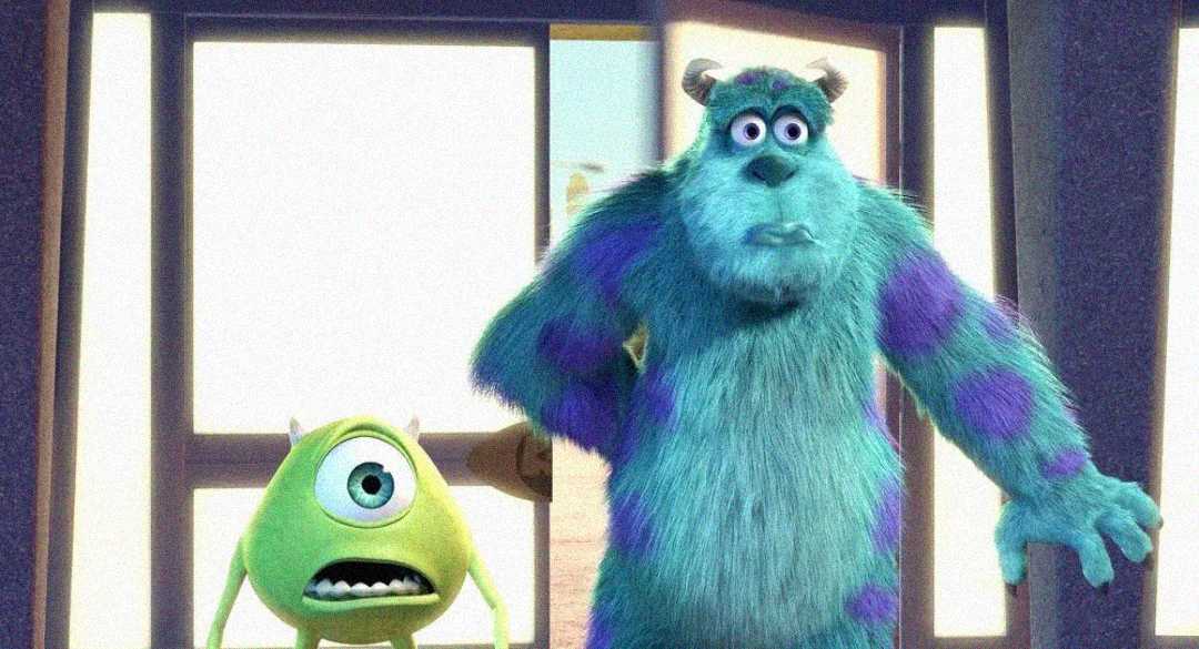 Two animated monsters, a small green one-eyed character and a tall blue furry character with purple spots, stand together looking shocked, with a door and sunlight behind them.