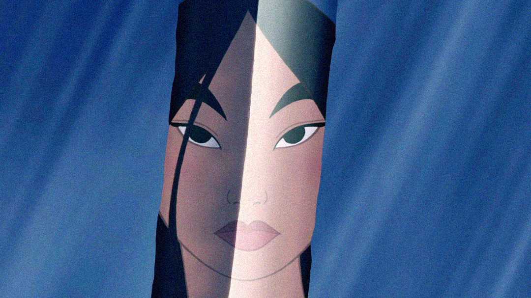An animated woman’s face is partially reflected in a vertical sliver of glass or water, with light streaming across the scene, creating a serene and introspective mood.