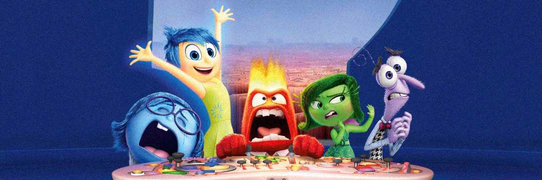 Five colorful animated characters—Sadness, Joy, Anger, Disgust, and Fear—from "Inside Out" stand around a control panel, each showing exaggerated emotions against a blue background.
