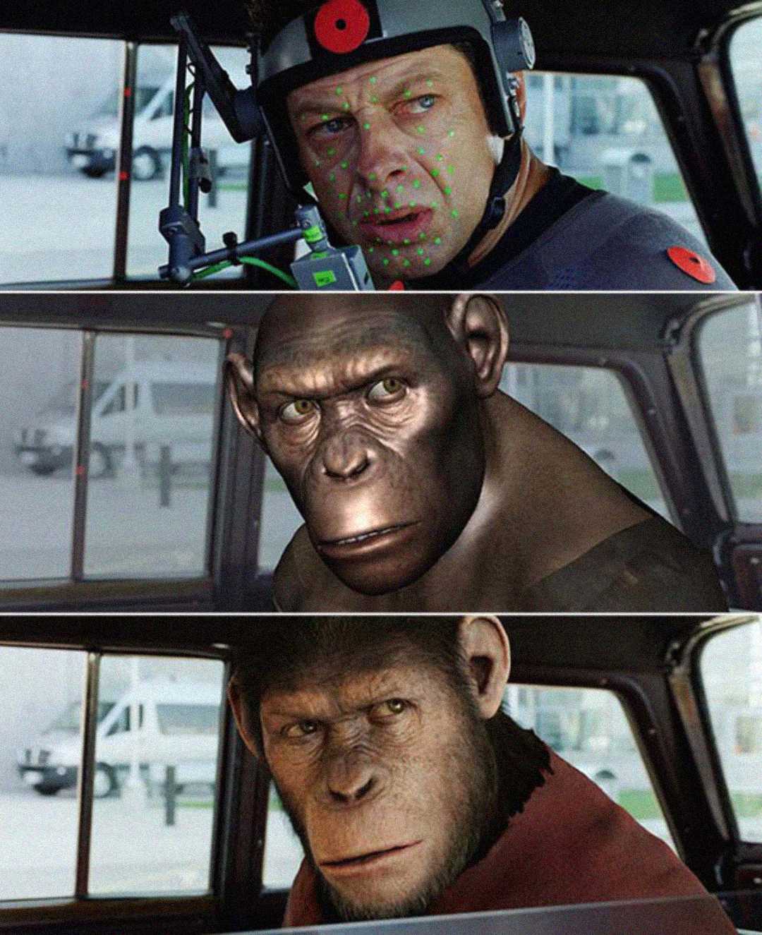 A three-panel image shows an actor with motion capture markers, his digital ape character model, and the fully rendered ape in a car, illustrating the transformation from actor to CGI character.