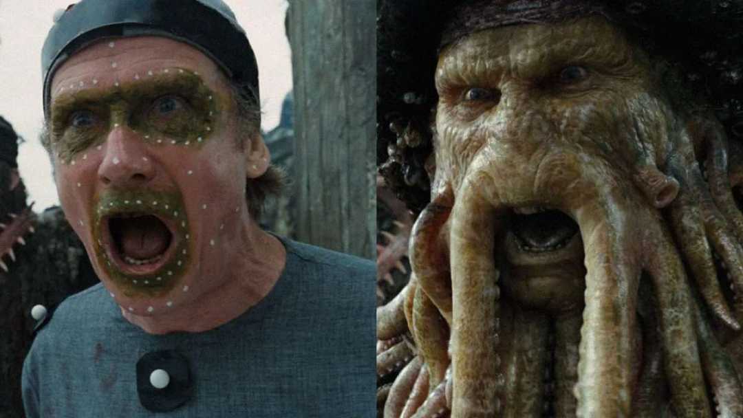 A split image shows an actor with motion capture dots and headgear on the left, and the CGI character Davy Jones from "Pirates of the Caribbean" on the right, both with mouths open in a shout.