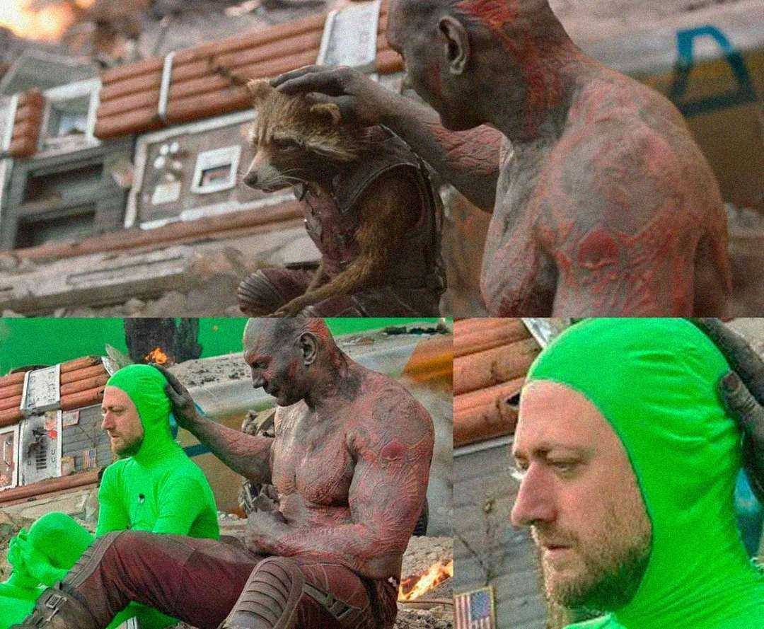 Three-panel image: Top panel shows a heavily tattooed man comforting a raccoon-like creature; bottom panels reveal behind-the-scenes footage with the man petting an actor in a green suit, used for visual effects.
