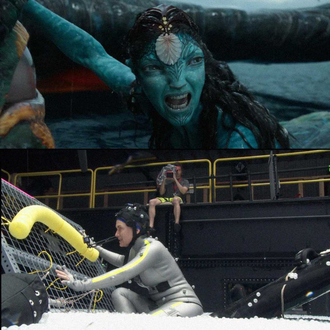 Split image: Top half shows a blue-skinned, fierce-looking alien character from "Avatar." Bottom half shows an actor in a grey motion-capture suit on a film set, mimicking the same pose for CGI creation.