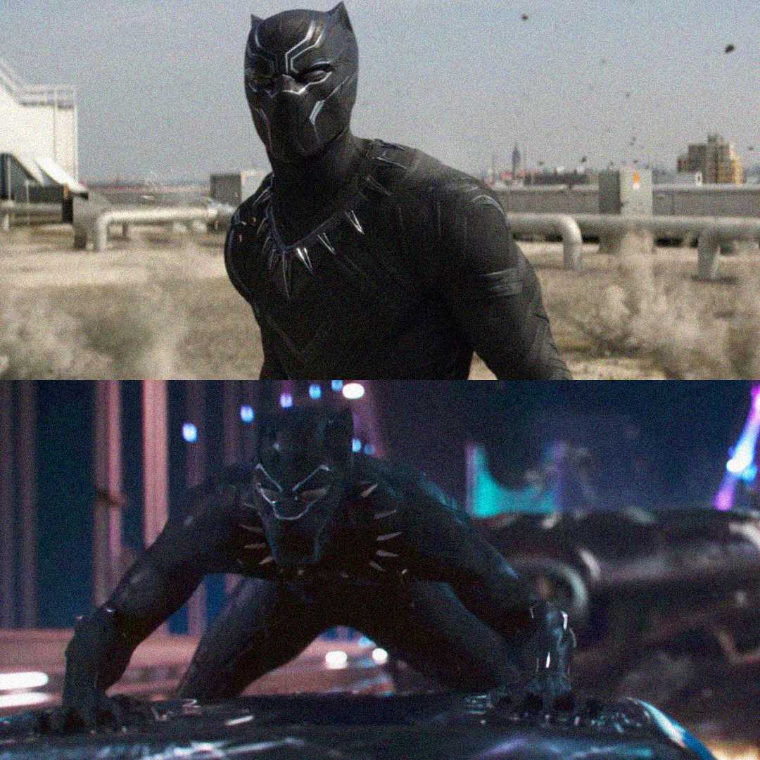 Two scenes featuring the superhero Black Panther in his black suit with silver accents; the top image shows him standing on a rooftop during the day, the bottom has him crouched indoors in low light.