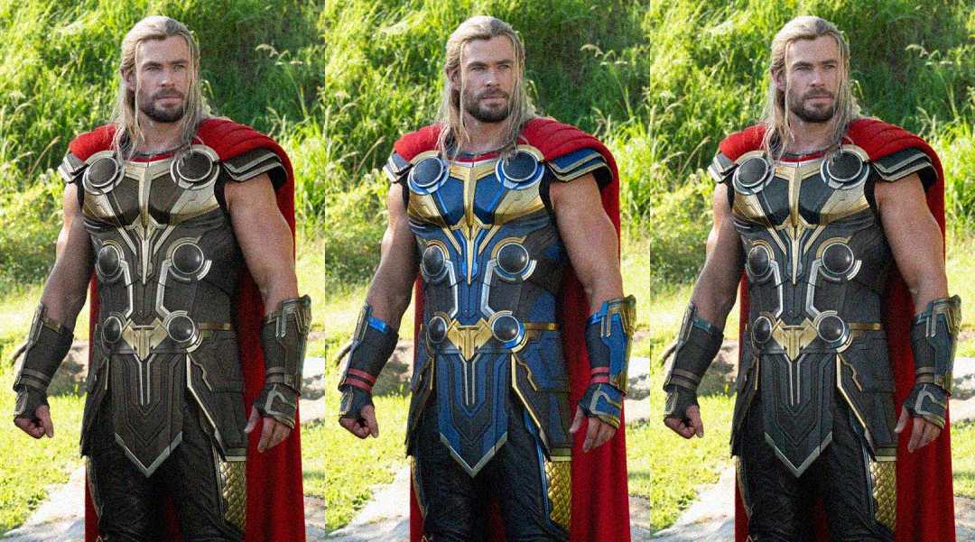 Three men in Thor costumes with red capes stand outdoors on grass, each wearing a different version of the suit: one gold, one blue with gold, and one silver with black. All have blond hair and beards.