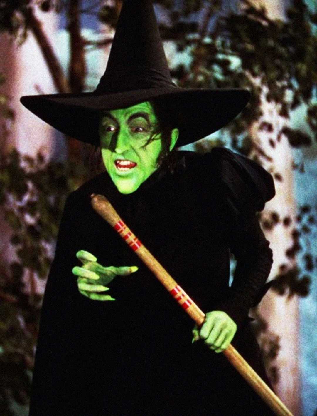 A woman dressed as a witch with green skin, wearing a black pointed hat and cloak, holds a broomstick and stands in front of a blurred background with trees.