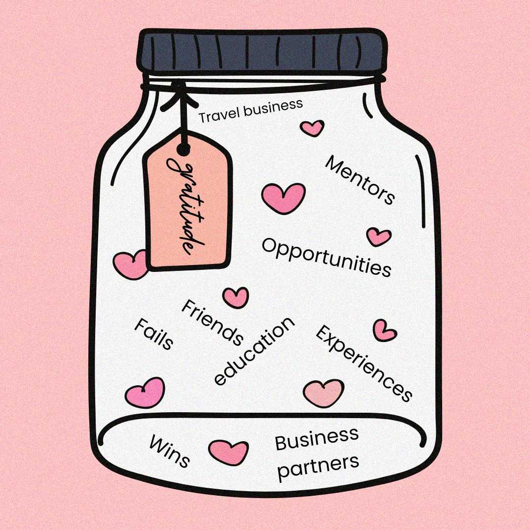 A glass jar labeled "Gratitude" is filled with pink hearts, each labeled with words like Mentors, Opportunities, Friends, Education, Wins, Business partners, Fails, Experiences, and Travel business, on a pink background.