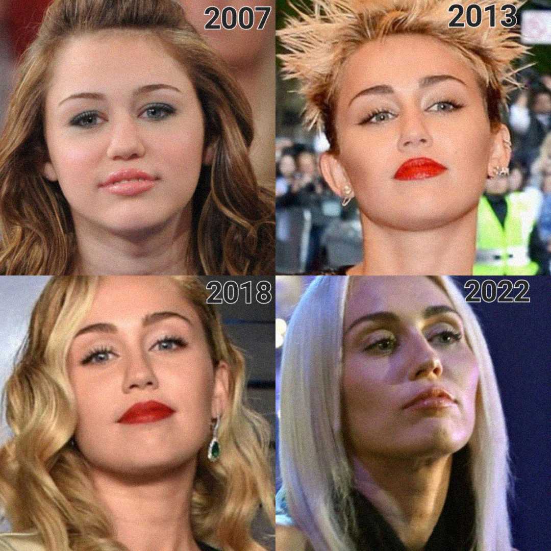 A collage of four photos shows the same woman in different years: 2007 with wavy brown hair, 2013 with spiky short blonde hair, 2018 with long wavy blonde hair, and 2022 with straight platinum blonde hair.