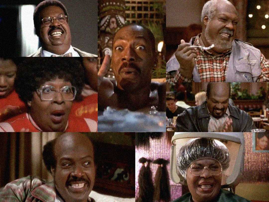 A collage of scenes from "The Nutty Professor" movie, showing Eddie Murphy in various comedic costumes and expressions, portraying multiple characters, including a woman, an older man, and a man laughing in a restaurant.