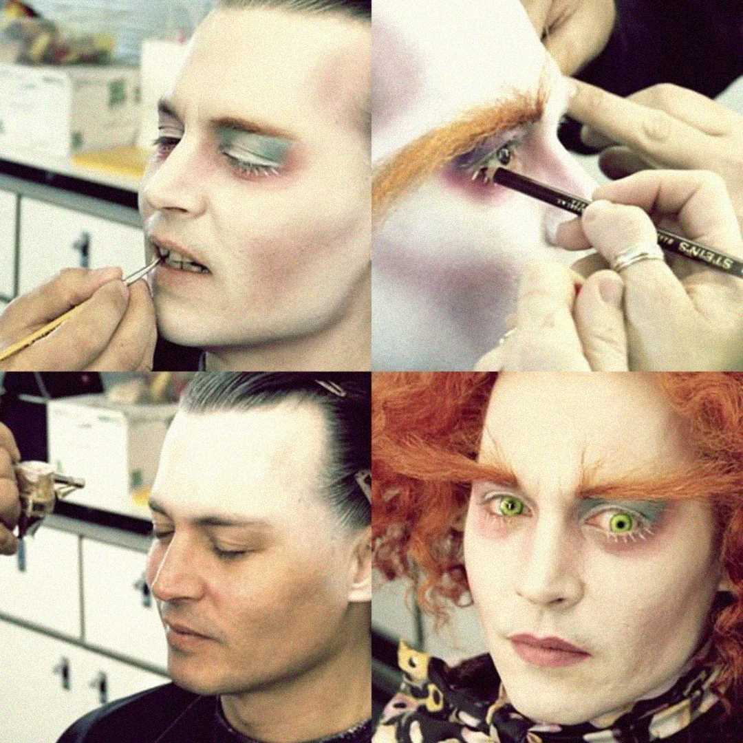 A four-panel collage shows a person getting makeup applied. The first three panels show the process, with artists applying makeup to their face and eyes. The final panel reveals a dramatic transformation with red hair and vivid green eyes.