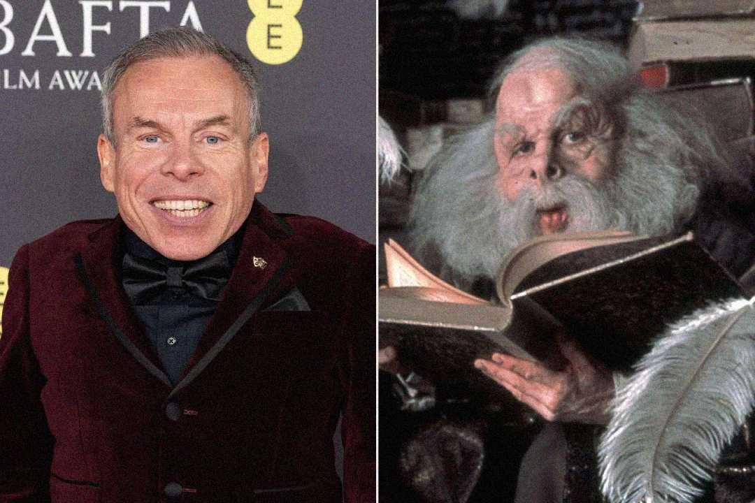 A split image: on the left, a man in a burgundy tuxedo smiles at an event; on the right, a character with white hair, a bushy beard, holding an open book, dressed in fantasy-style costume.