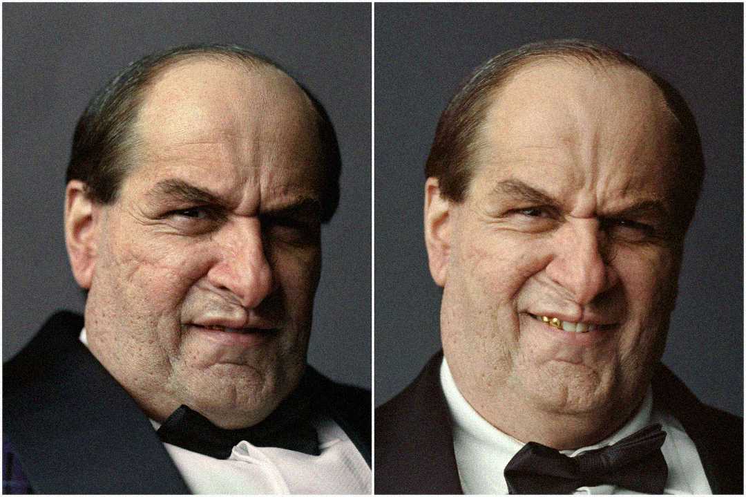 A side-by-side comparison of a man wearing a tuxedo, with slicked-back hair and an expressive face. Both images show him smirking, with subtle differences in his facial expression and tooth appearance.