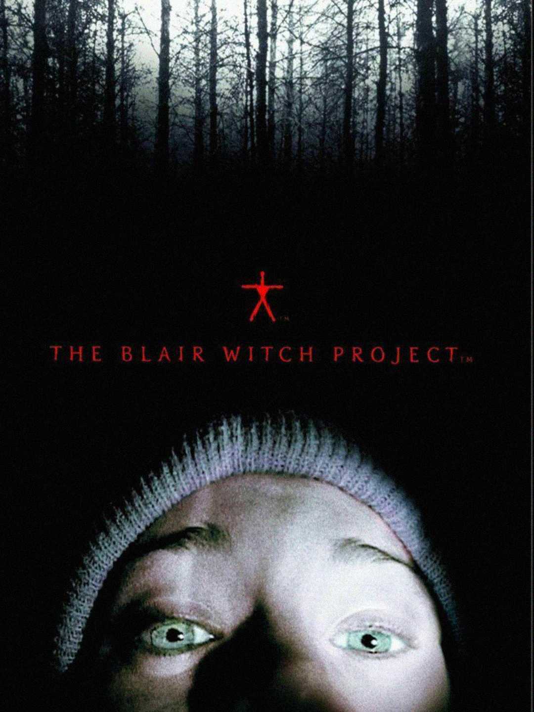 A close-up of a person's wide-eyed face in darkness is shown at the bottom, with the title "The Blair Witch Project" and a red stick figure symbol above, against a background of dark, dense forest trees.