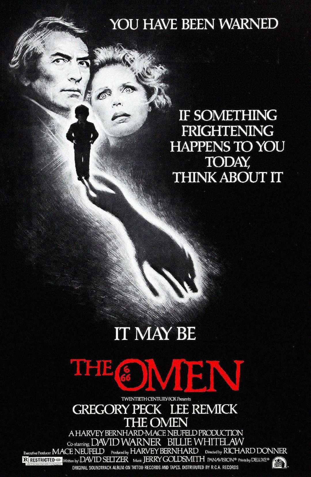 A black horror movie poster for "The Omen" shows two frightened adults and a shadowy child figure with red eyes. White text reads, "You have been warned...It may be The Omen." Cast and credits are listed below.