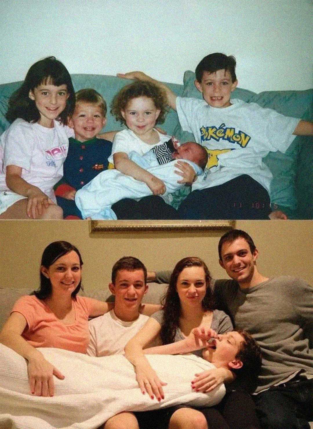 Two photos: the top shows four young children and a baby sitting on a couch, smiling. The bottom photo recreates the scene years later with the same group, now grown up, posing similarly with the youngest lying across their laps.