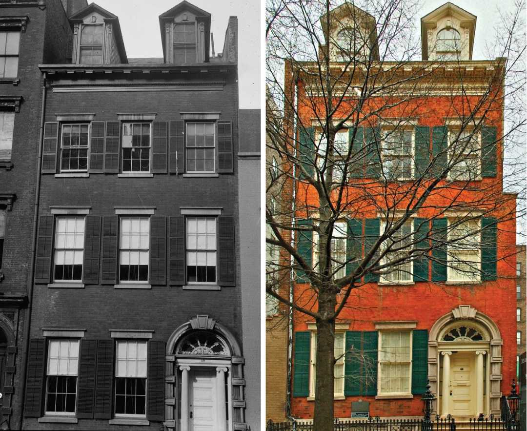 A side-by-side comparison of the same three-story brick townhouse; the left half is a black-and-white historical photo, while the right half shows the building in color with a tree in front and green shutters.