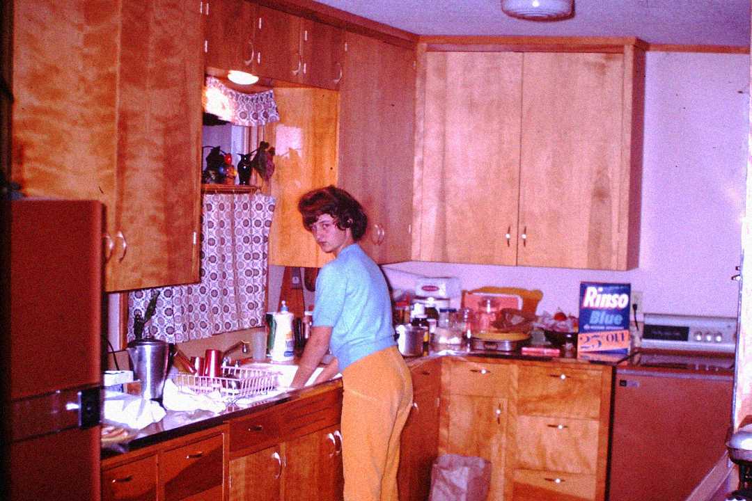 A woman stands at a kitchen sink washing dishes in a retro-style kitchen with wooden cabinets, a microwave, and various items on the counters, including a box labeled "Rinso Blue.