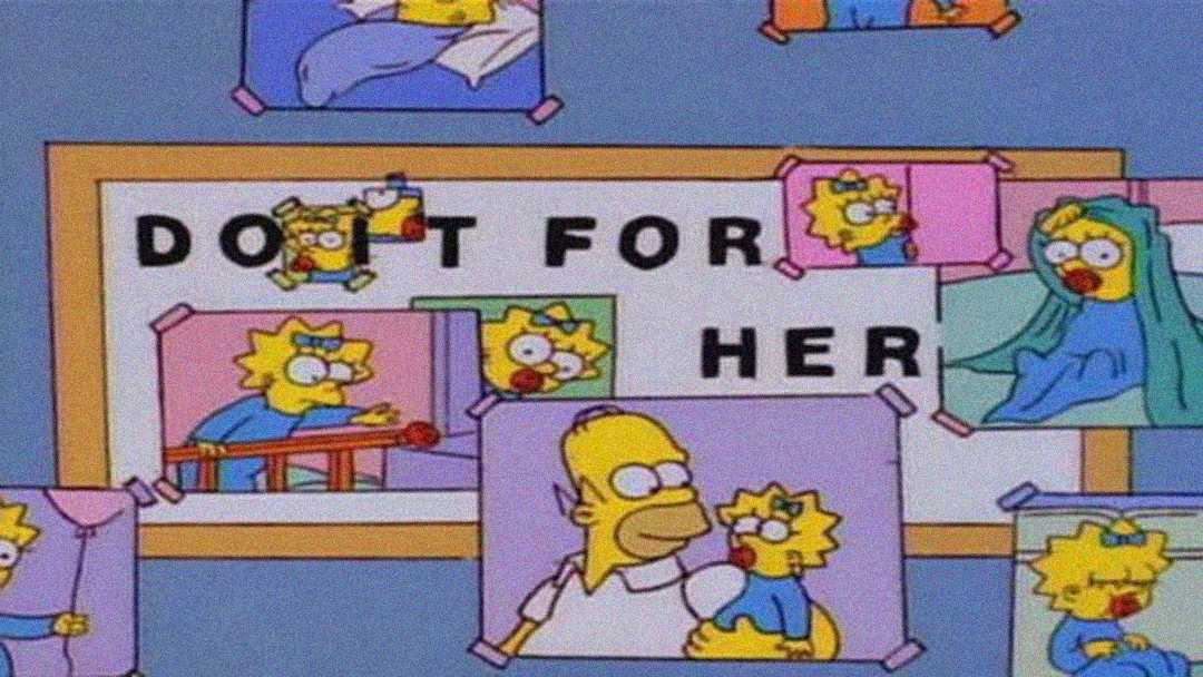 A bulletin board is covered with photos of a baby girl, partially obscuring a sign that says "DO IT FOR HER." The images show different moments of the baby with a man, playing and smiling together.