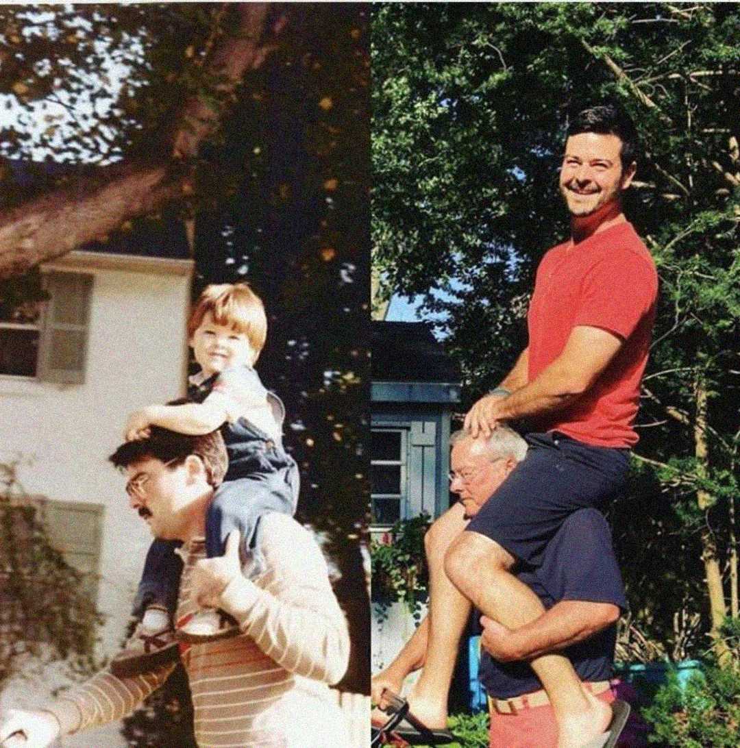 A split image shows a father carrying his young son on his shoulders on the left, and on the right, the now-adult son carries the older father on his shoulders, both smiling outdoors.