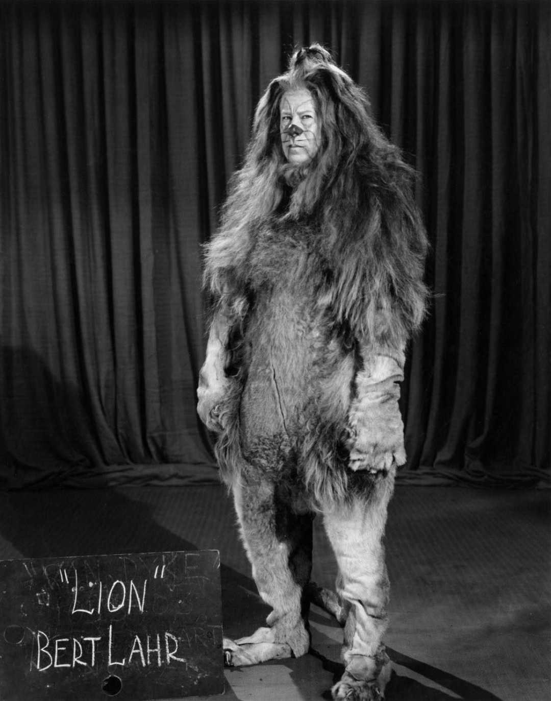 A person in a full lion costume stands in front of dark curtains. A sign in front reads “‘LION’ BERT LAHR.” The costume is furry with a mane, and the individual’s face is visible through the makeup.