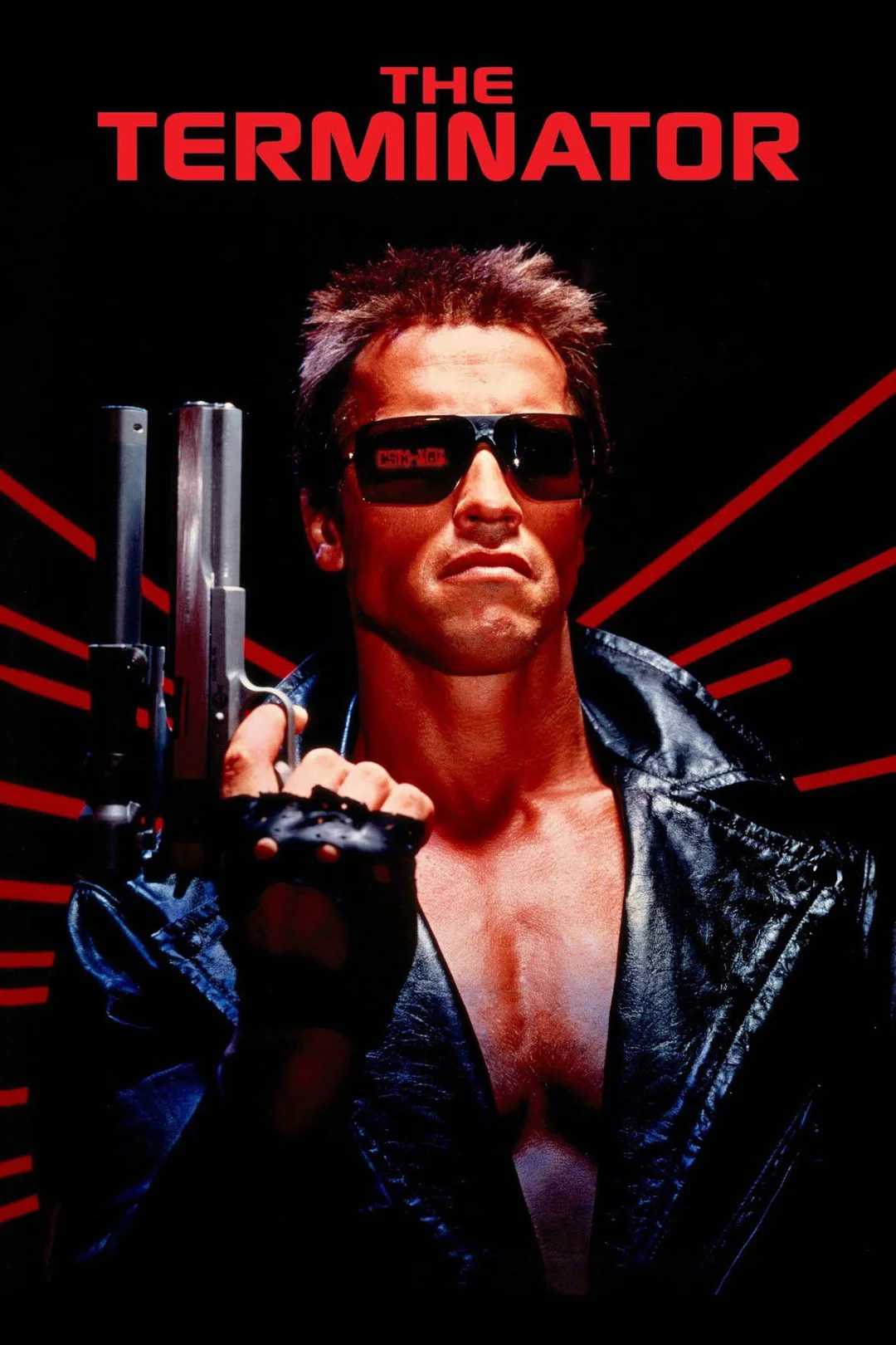 A man in a black leather jacket and sunglasses holds a gun, standing against a dark background with red lines and the words "The Terminator" in bold red letters above him.