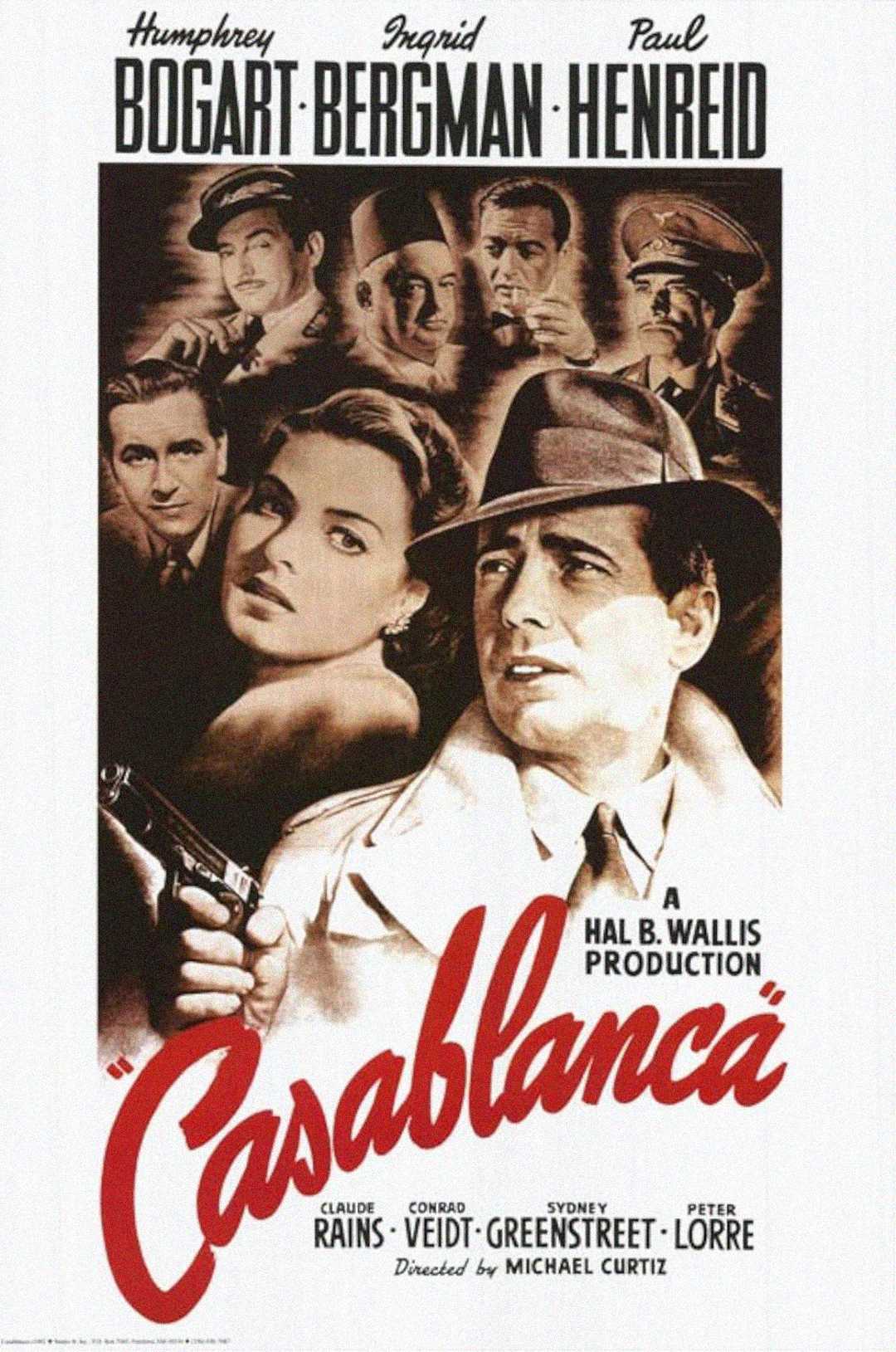 A vintage movie poster for "Casablanca" features large portraits of Humphrey Bogart and Ingrid Bergman, with other characters and dramatic scenes in the background. The film title is boldly written in red script at the bottom.