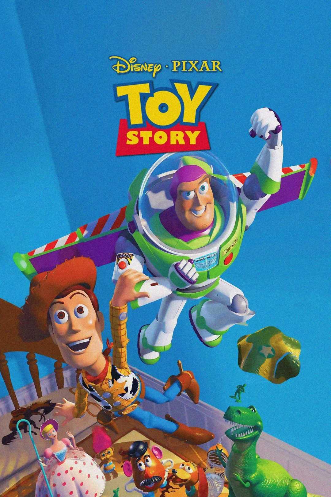 Woody, Buzz Lightyear, and other Toy Story characters are airborne in a playful scene. The "Disney Pixar Toy Story" logo appears at the top against a bright blue background.