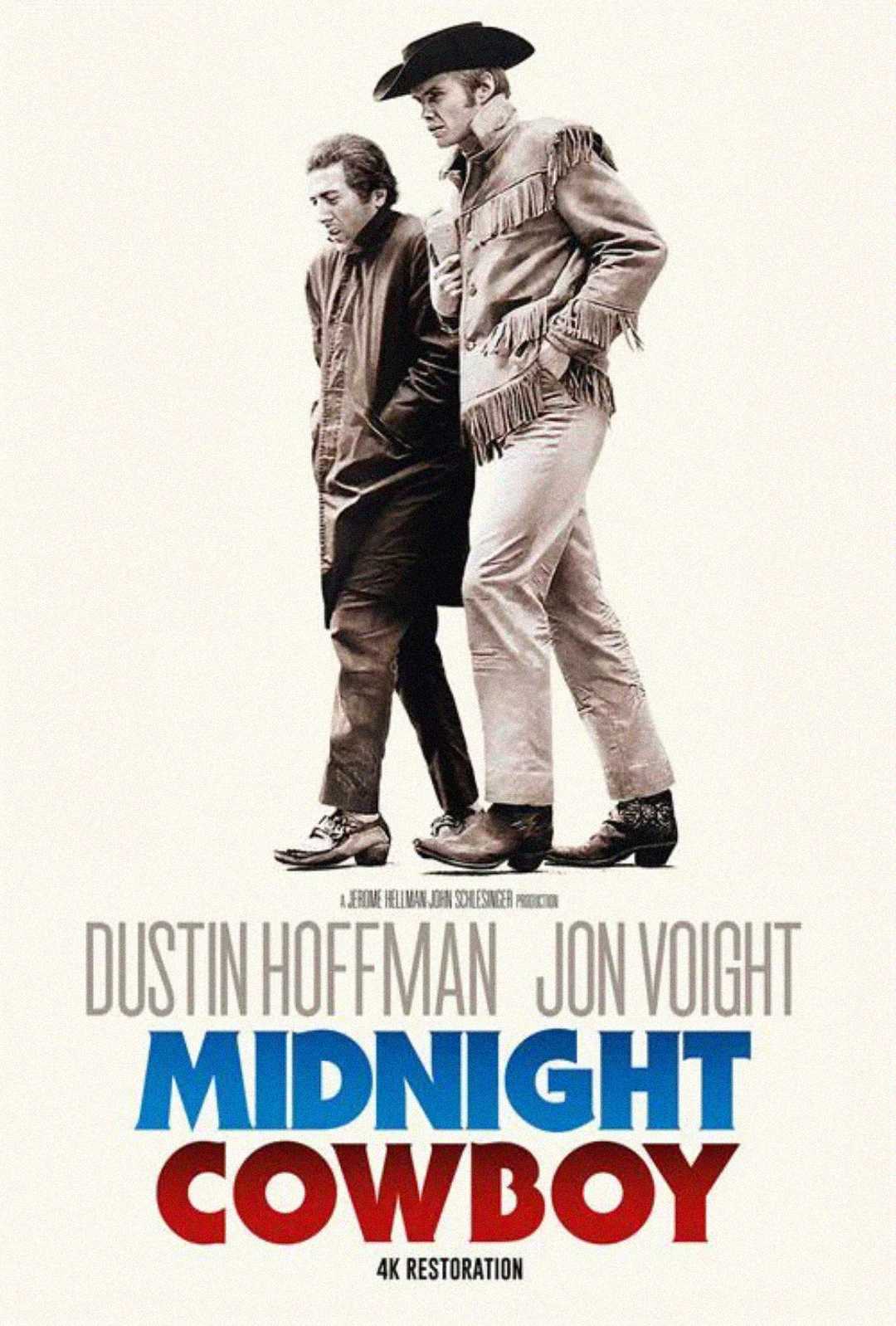 Poster for "Midnight Cowboy" shows two men walking side by side; one in a cowboy outfit with a hat and fringe jacket, the other in a dark coat. The film title and actors' names are displayed below.