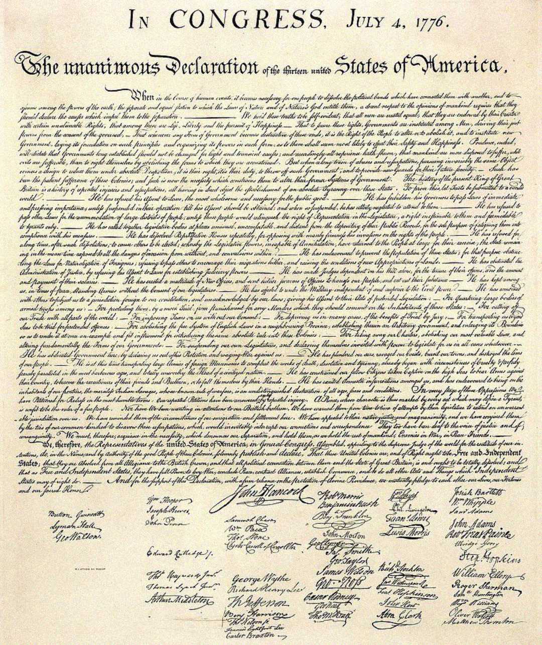 The United States Declaration of Independence, dated July 4, 1776, with handwritten text and signatures of the Founding Fathers at the bottom.