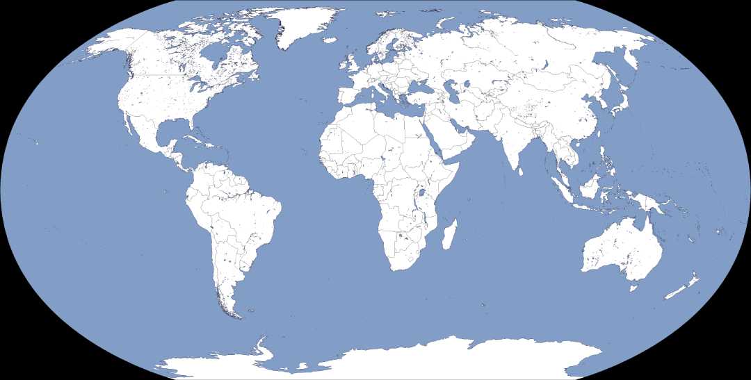 Blank world map with country borders outlined in black on white landmasses, and oceans colored blue; no country names, labels, or additional markings visible.