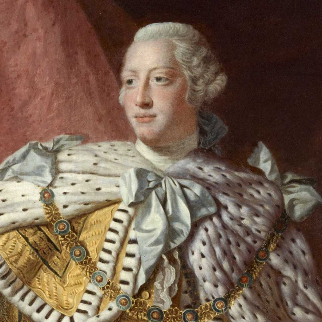 A painted portrait of a man with powdered white hair, wearing a white fur-trimmed robe with black spots, a gold chain, and a large white bow, set against a dark background.