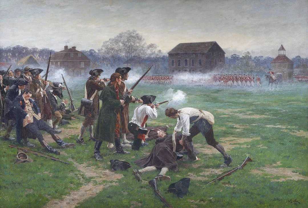Colonial militiamen fire at advancing British soldiers on a grassy field, with some figures tending to a wounded man in the foreground. Historic buildings and trees are visible in the background.