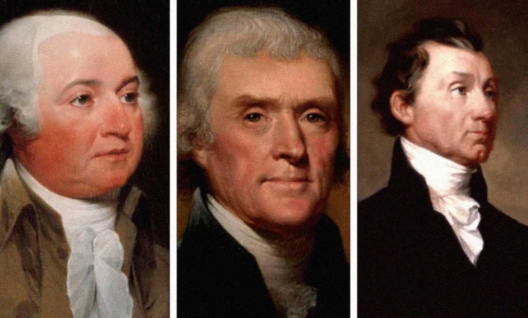 Three painted portraits of early American men wearing formal 18th-century clothing with white cravats and dark coats, shown side by side against dark backgrounds.