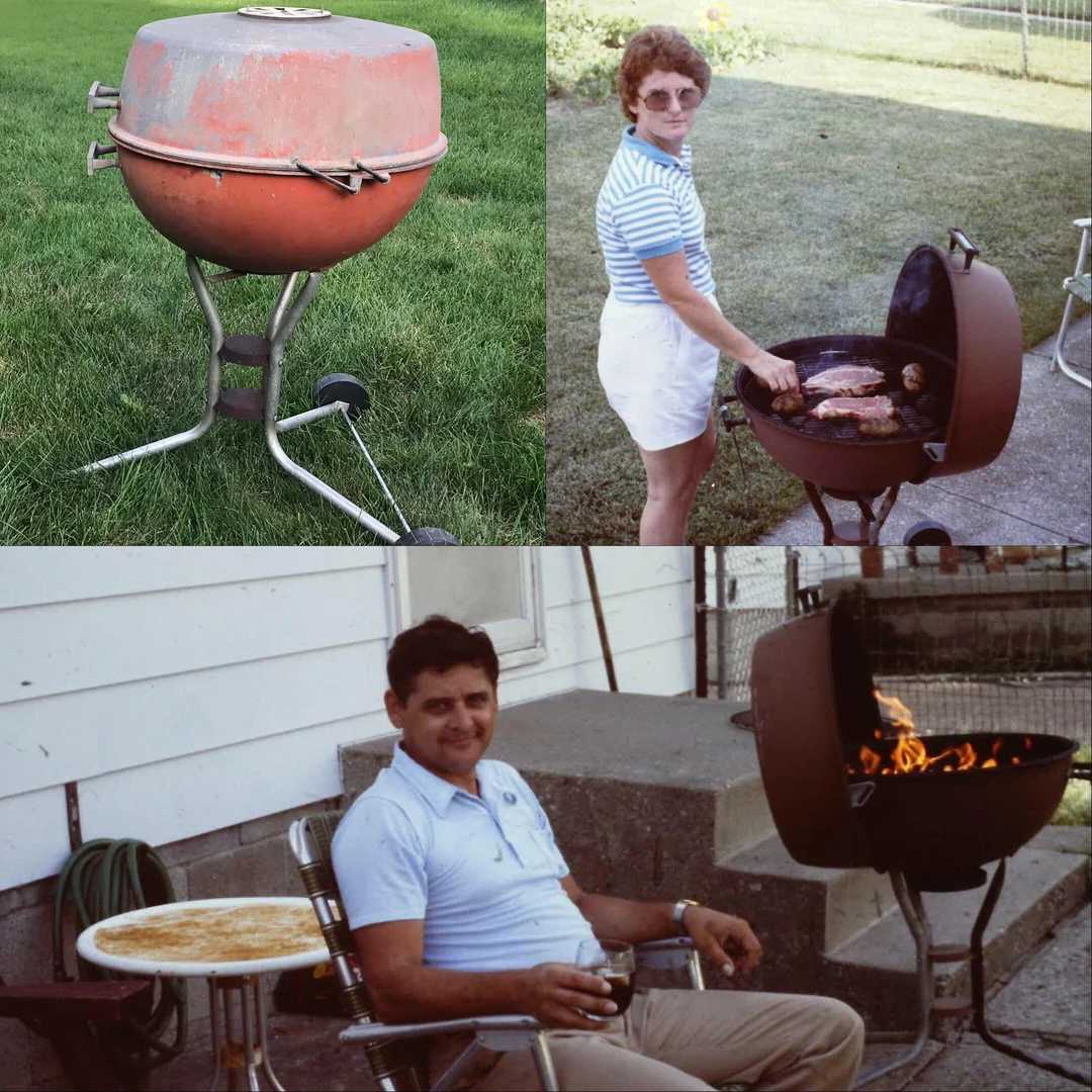 A collage of three photos: a red kettle grill on grass, a woman grilling meat outdoors, and a man sitting by a grill with flames, holding a drink beside a table with food.
