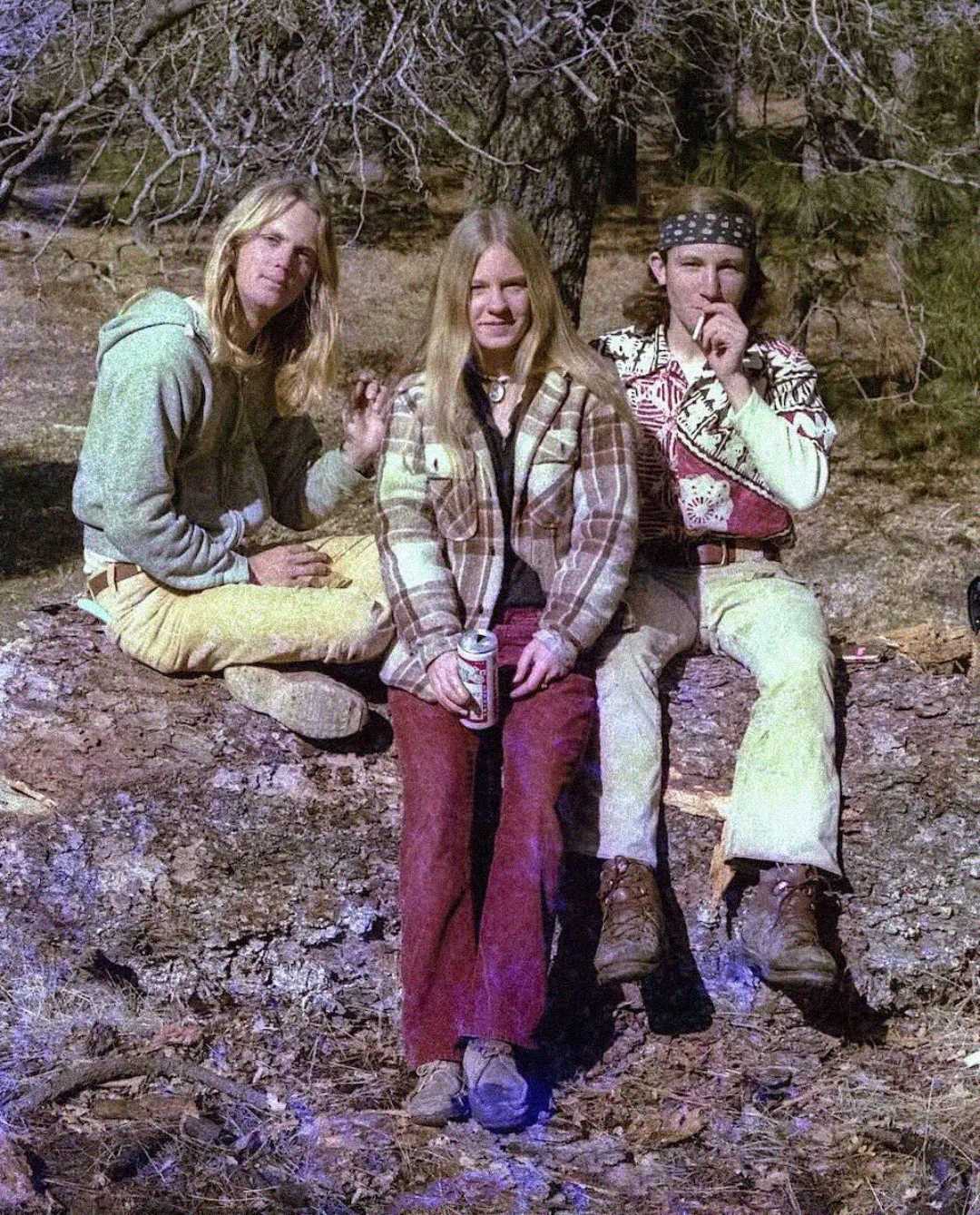 Three young people with long hair sit on a fallen tree in a forested area. Two men sit on either side of a woman; one holds a drink can and the other gestures to be quiet. All are dressed in 1970s casual clothing.