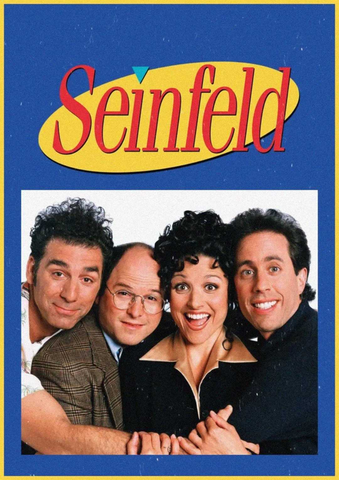 A promotional image for the TV show "Seinfeld" features the four main characters smiling and posing together below the show's colorful logo on a blue background.