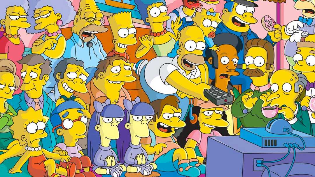 A colorful scene featuring many characters from "The Simpsons" gathered in a living room, with Homer in the center holding a remote and everyone watching TV together. Characters look cheerful and engaged.