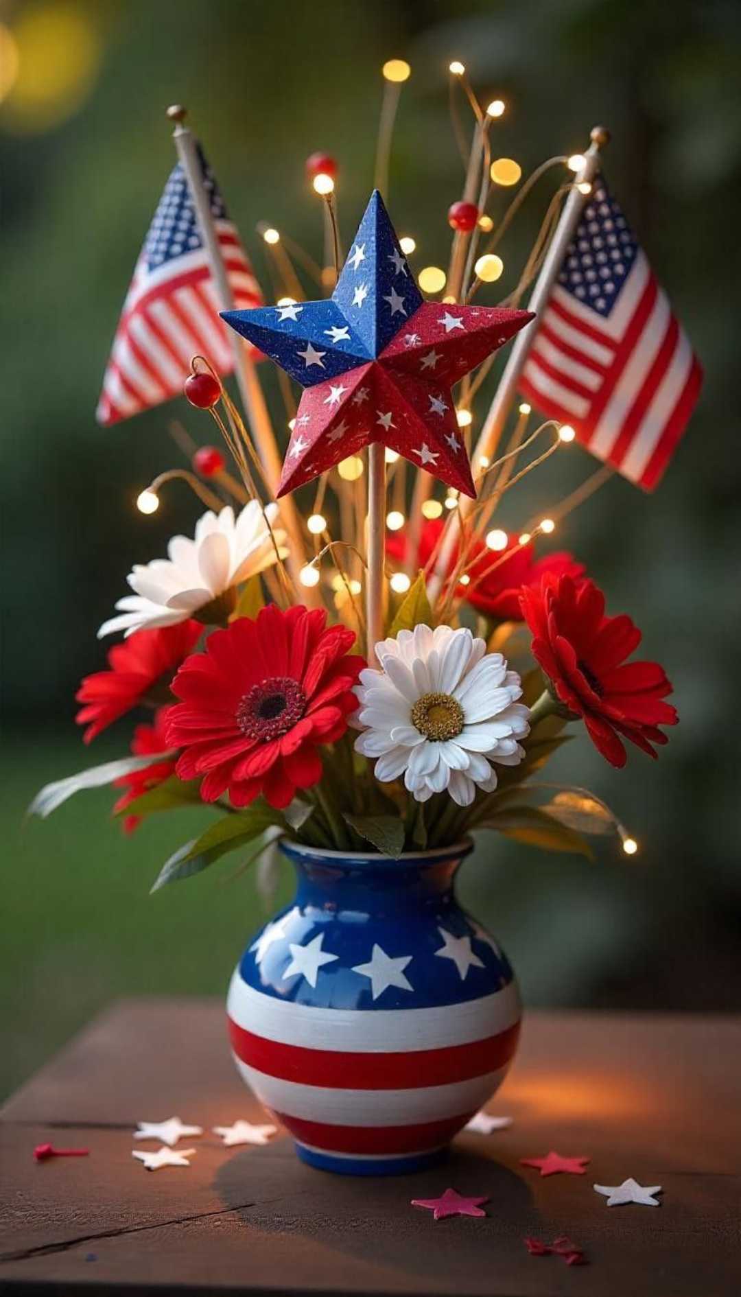 A patriotic flower arrangement in a star-and-stripe vase, featuring red, white, and blue flowers, mini American flags, and a decorative star, with small lights, on a wooden surface outdoors.
