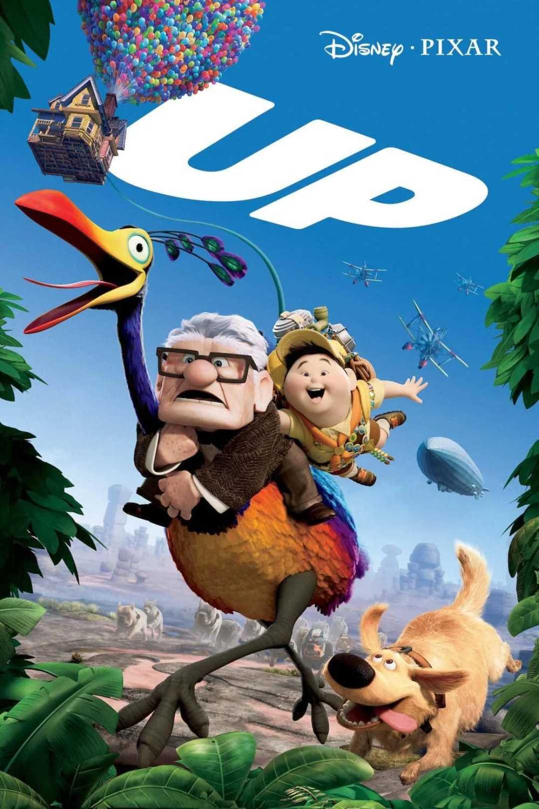 Poster for the Disney Pixar movie "Up" showing Carl, a boy scout, a colorful bird, and a dog running in a jungle. A flying house with balloons floats above, and aircrafts are in the sky.