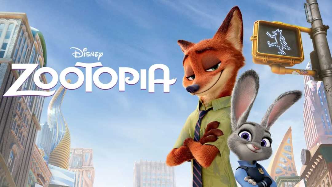 Nick Wilde, a fox in a green shirt, and Judy Hopps, a rabbit in a police uniform, stand together in a city with the Zootopia movie title and a crosswalk sign showing an animal silhouette.