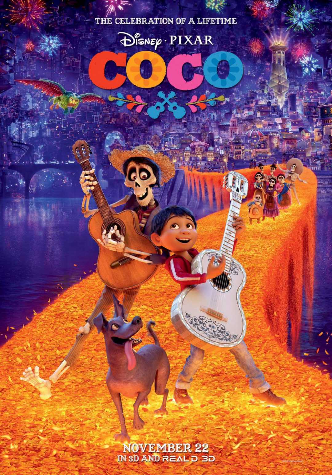 Poster for Disney Pixar’s "Coco" showing a boy and a skeleton playing guitars on a glowing marigold bridge, with a dog at their feet and a vibrant, festive city in the background. Text displays the movie title and release date.