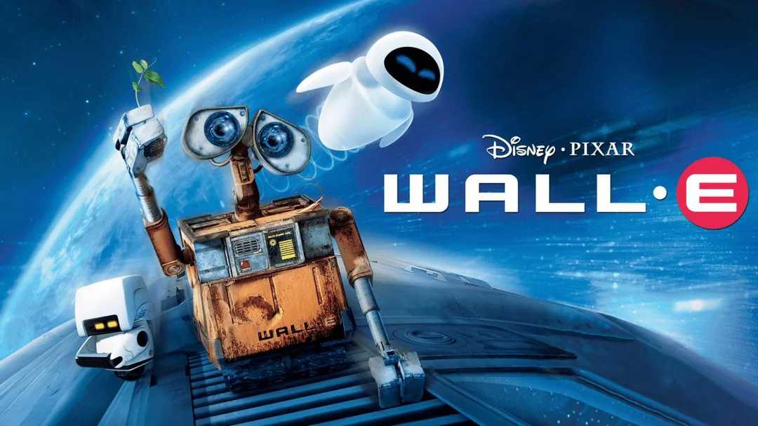 WALL-E, a rusty robot, holds a plant while flying on a spaceship with Eve, a white robot, against a starry blue space background. The Disney Pixar WALL-E logo is displayed.