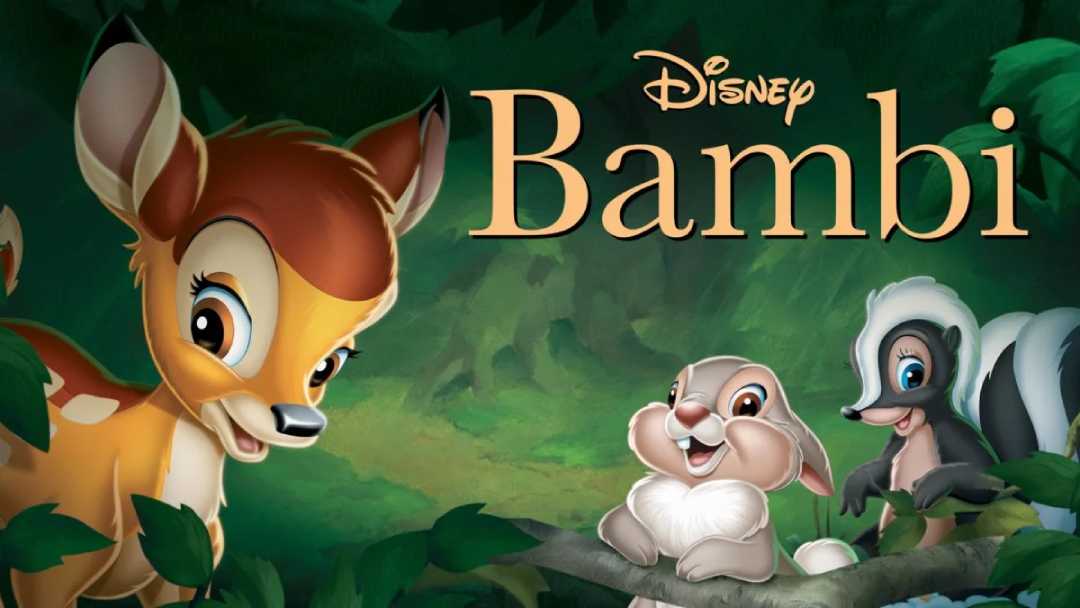 Illustration of Disney's Bambi with the title. Bambi, a young deer, looks at the viewer, accompanied by a happy rabbit and a smiling skunk, all surrounded by green forest foliage.
